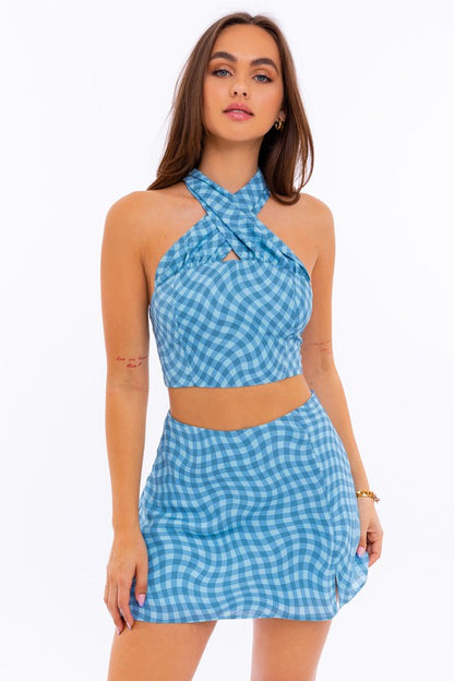 Checkered Halter Neck Crop Top