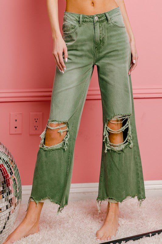 Distressed Washed Wide Leg Pants