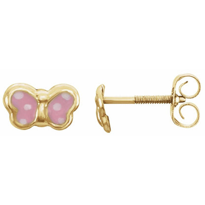 14K Yellow Pink Enamel Butterfly Earrings