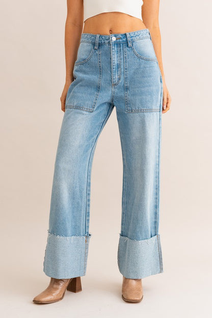 High-Waisted Wide Leg Cuff Jeans