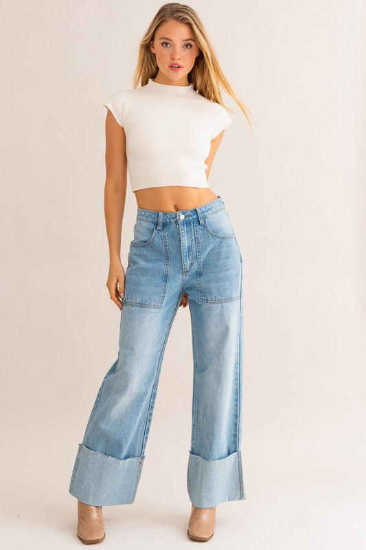 High-Waisted Wide Leg Cuff Jeans