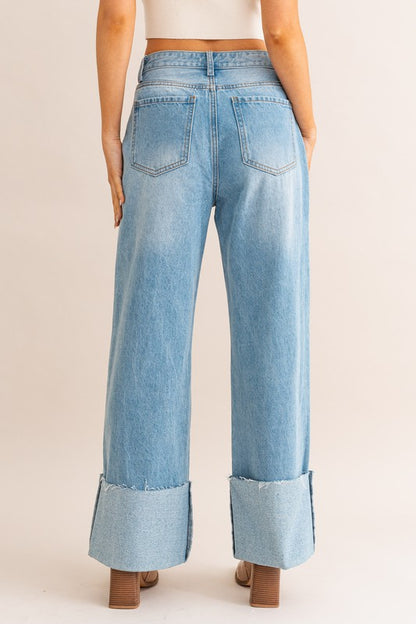 High-Waisted Wide Leg Cuff Jeans