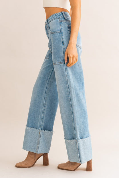 High-Waisted Wide Leg Cuff Jeans