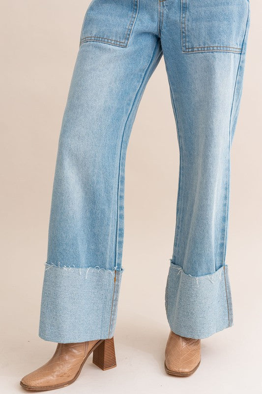 High-Waisted Wide Leg Cuff Jeans