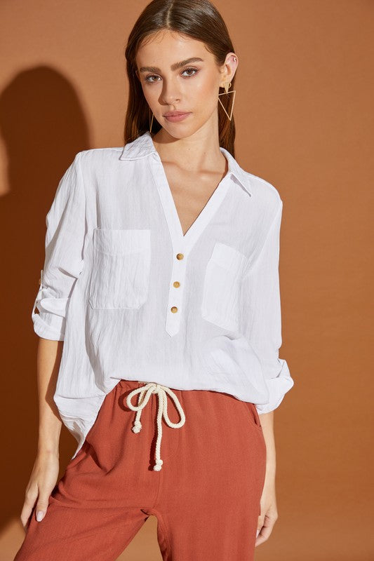 V Neck Button Down Henley Shirt