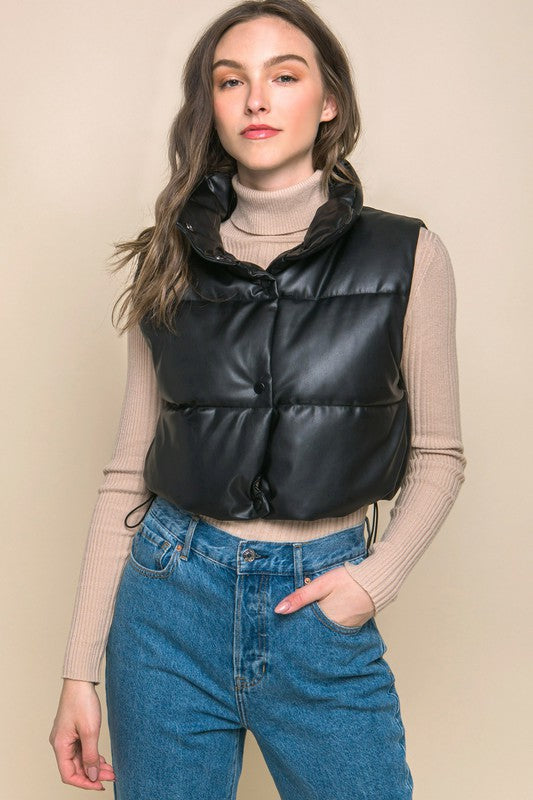 Faux Leather Puffer West with Snap Button