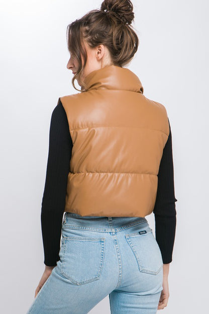 Faux Leather Puffer West with Snap Button