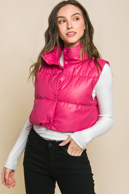 Faux Leather Puffer West with Snap Button