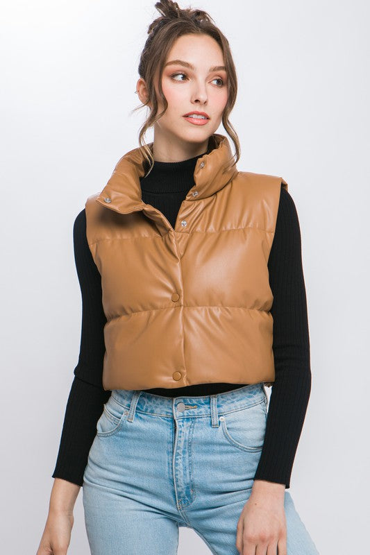 Faux Leather Puffer West with Snap Button