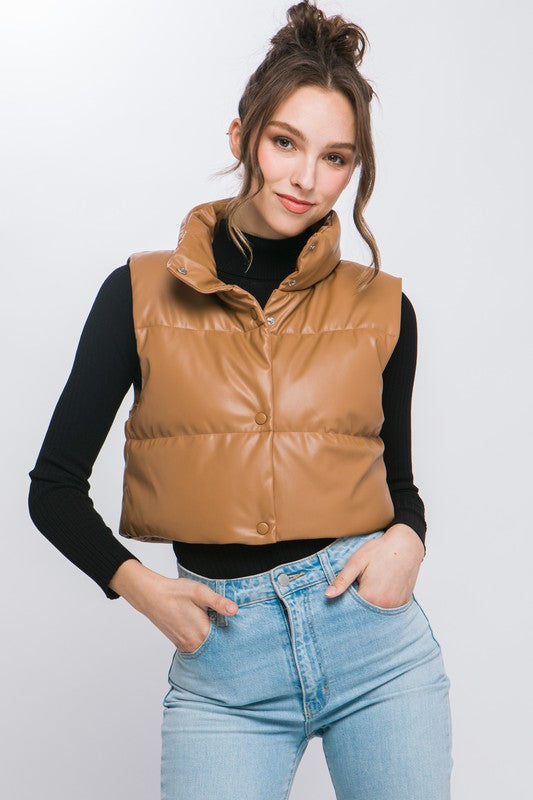 Faux Leather Puffer West with Snap Button