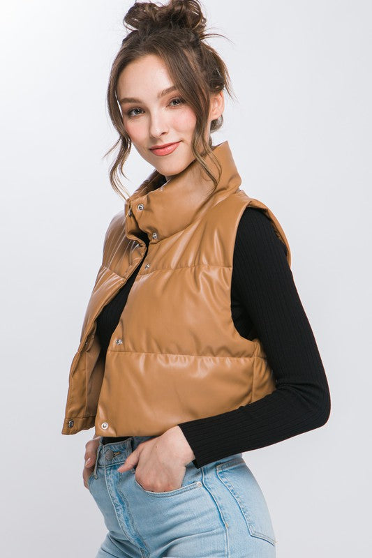 Faux Leather Puffer West with Snap Button