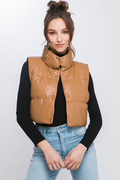 Faux Leather Puffer West with Snap Button