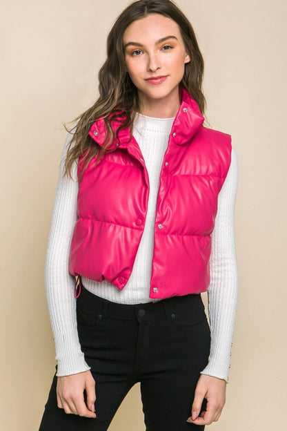 Faux Leather Puffer West with Snap Button