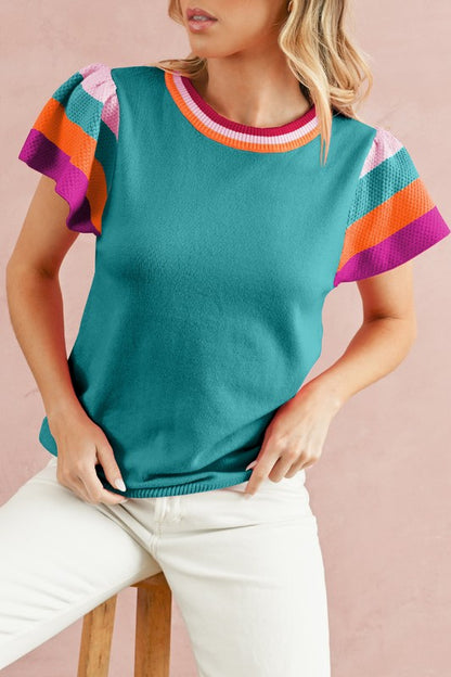 Contrast Sleeve Striped Round Neck Knitted Tee