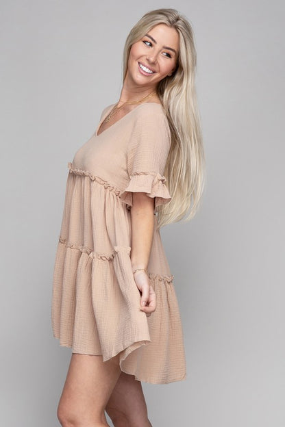 V Neck Solid Ruffle Hem Dress