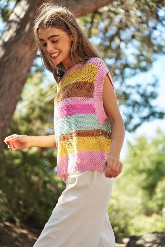 Crochet Multi Striped Pullover Sweater Vest