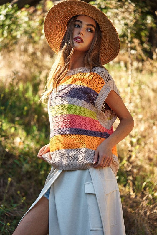 Crochet Multi Striped Pullover Sweater Vest