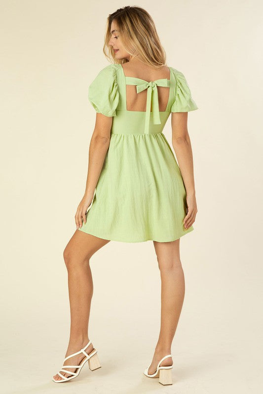 Tie Back Dress with Puff Sleeves