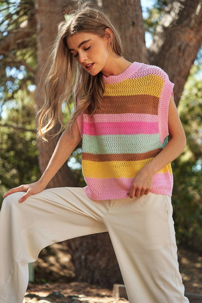 Crochet Multi Striped Pullover Sweater Vest