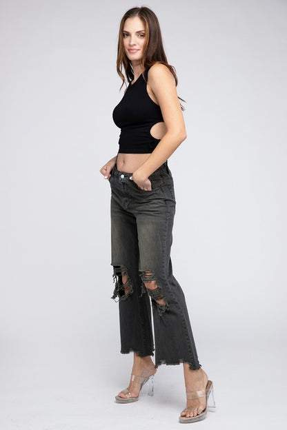 Distressed Washed Wide Leg Pants