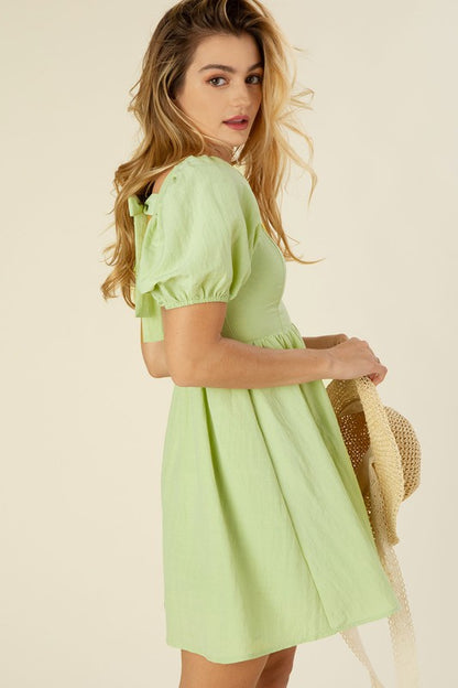 Tie Back Dress with Puff Sleeves