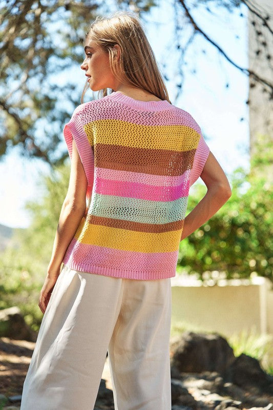 Crochet Multi Striped Pullover Sweater Vest