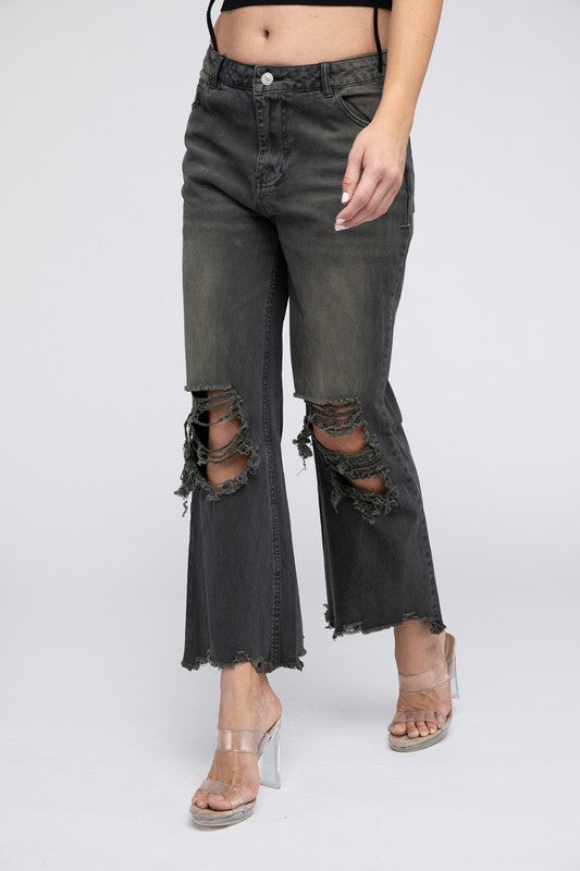 Distressed Washed Wide Leg Pants