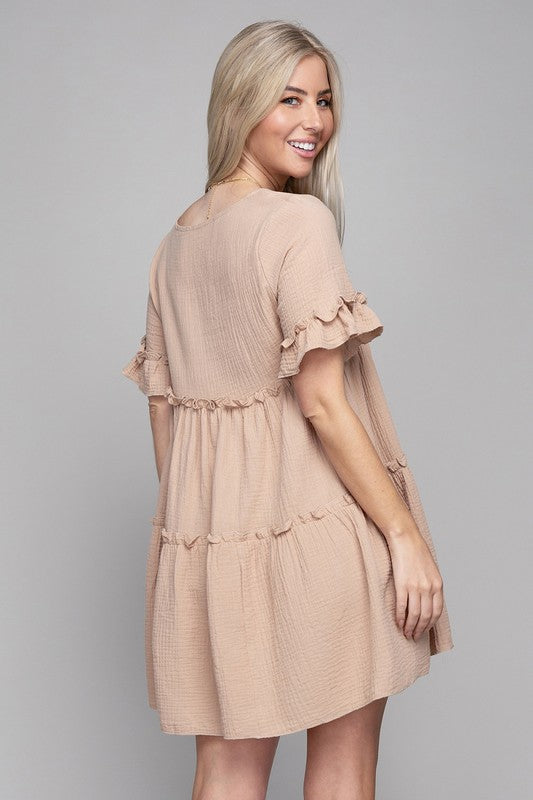 V Neck Solid Ruffle Hem Dress